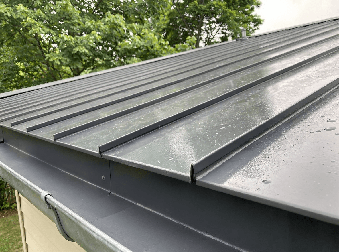 The same metal roof clean and bright after a Brisk soft wash