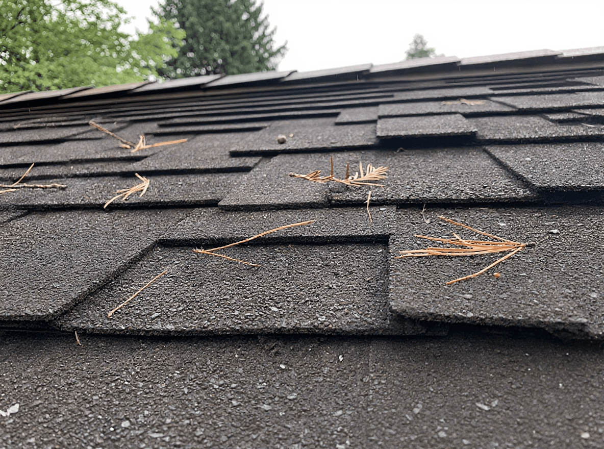 The same roof clear of moss with clean, even shingle lines after treatment