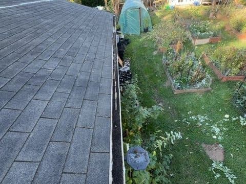 Gutter Cleaning after: A debris-filled roof edge and gutter line cleaned out from end to end.